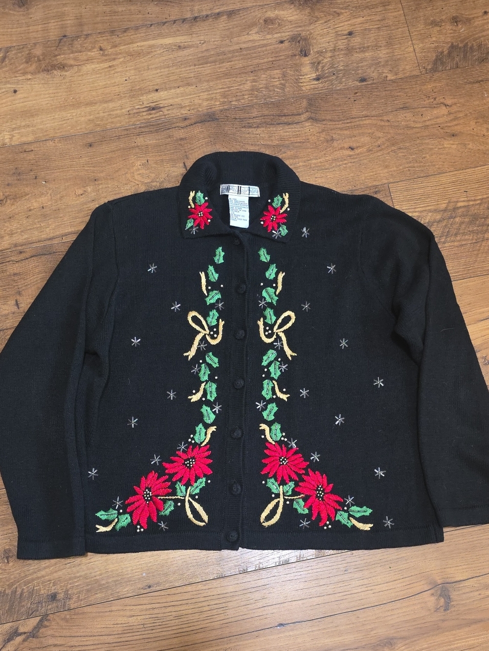 Vintage Holiday Embroidered Black Sweater Cardigan